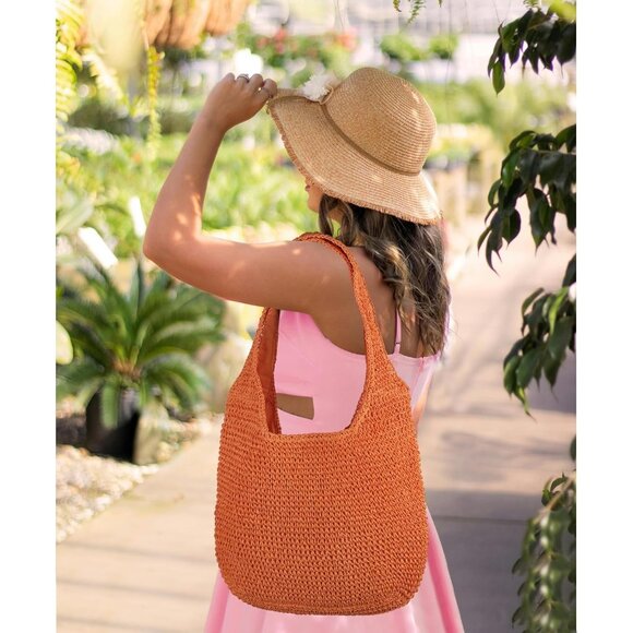 Women's Orange Large Straw Beach Bag Handmade Woven Shoulder Hobo Tote Handbag - Picture 2 of 5